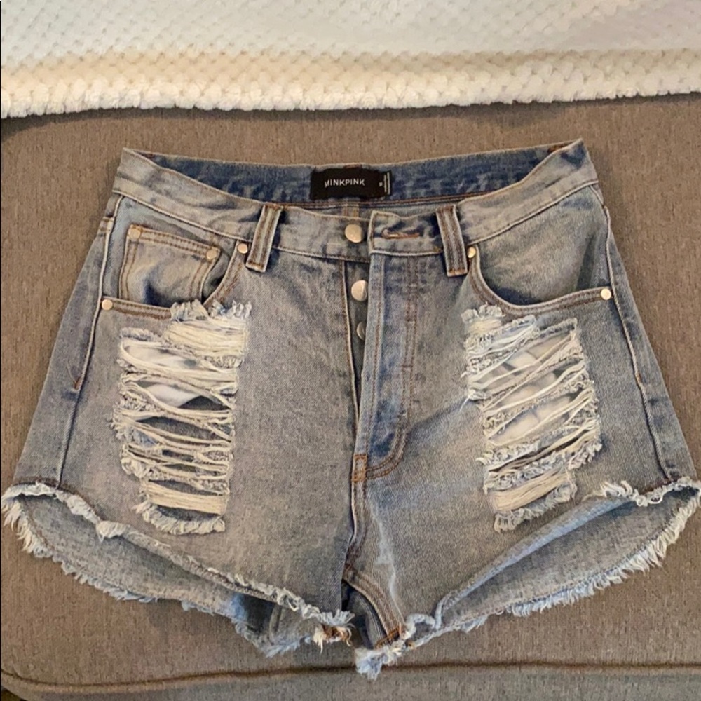MinkPink distressed denim shorts